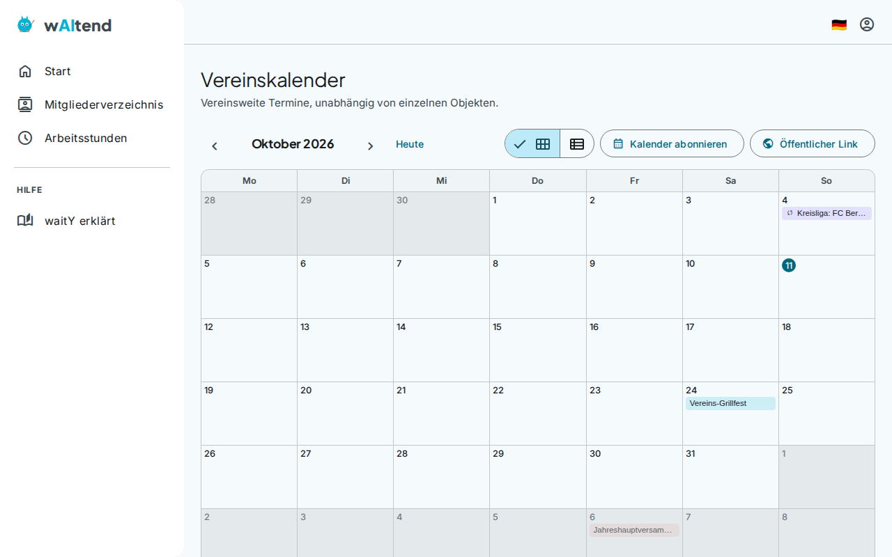 Vereinskalender in der Monatsansicht mit mehreren Terminen in waitend