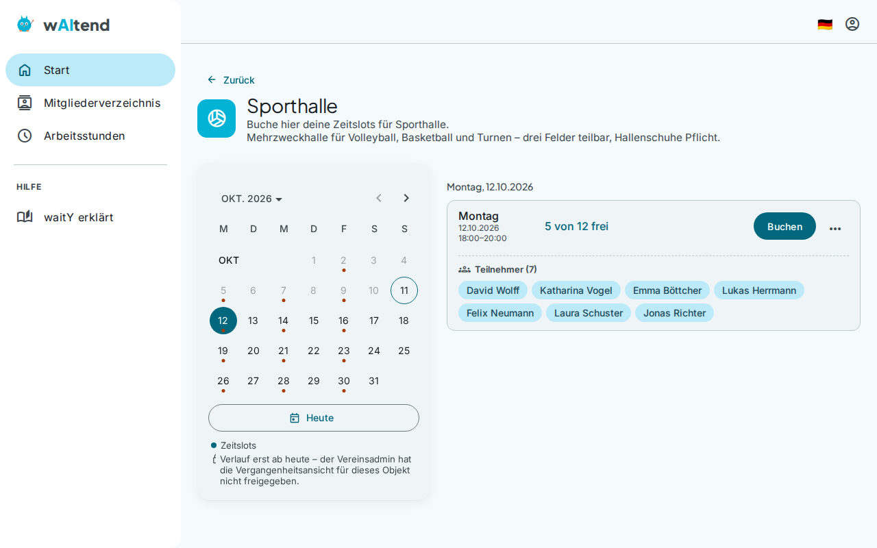 Zeitslot-Buchung eines Mitglieds mit Liste aller angemeldeten Teilnehmer in waitend